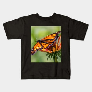 Orange and black monarch on a cone flower with wings spread Kids T-Shirt